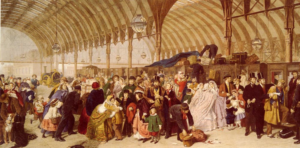 A crowded railway platform with families, porters and luggage all arriving at once