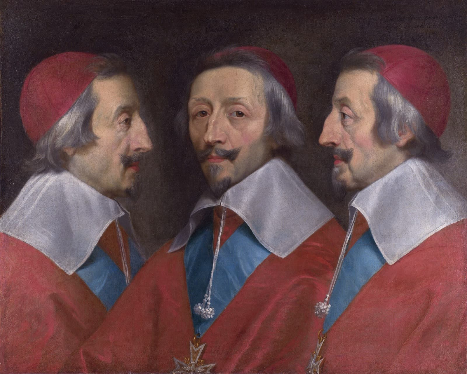 The same cardinal painted three times side by side, in profile, facing out and in profile again