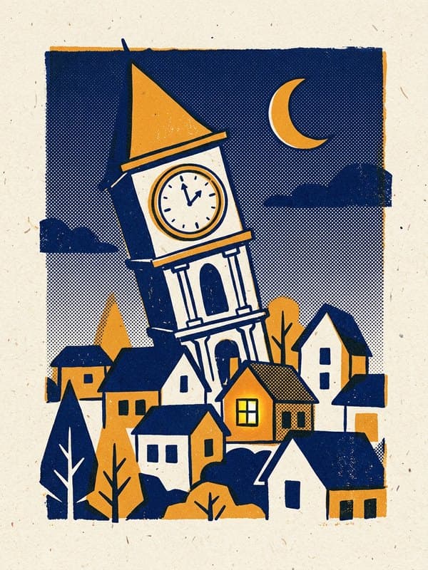Riso drawing: a clocktower above a village at night