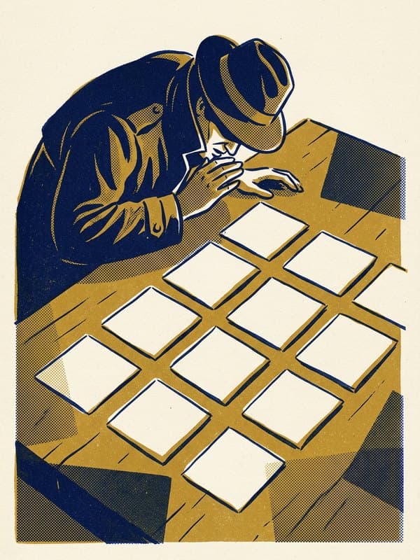 Riso drawing: a person studying a grid of cards on a table