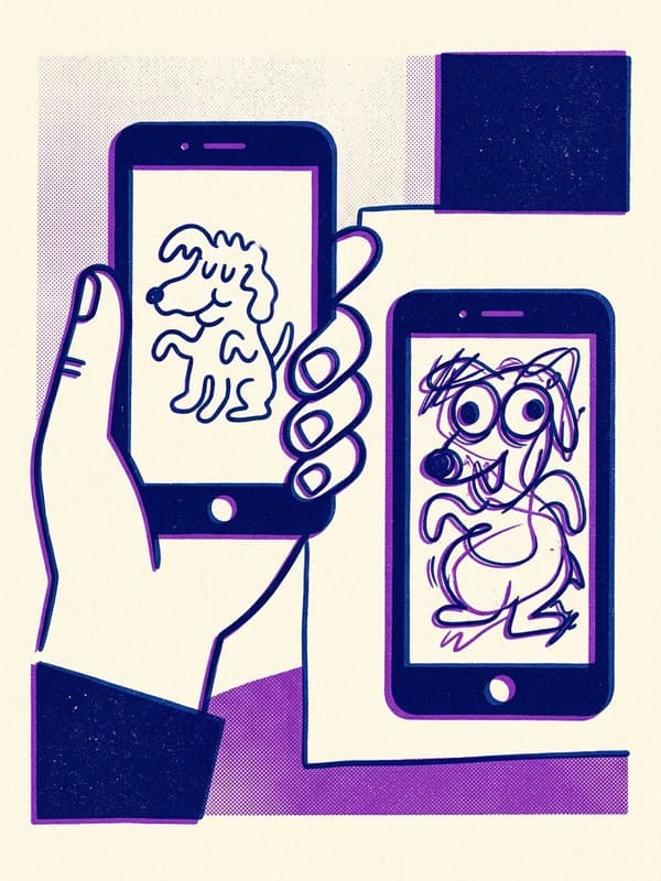 Riso drawing: two phones showing different drawings