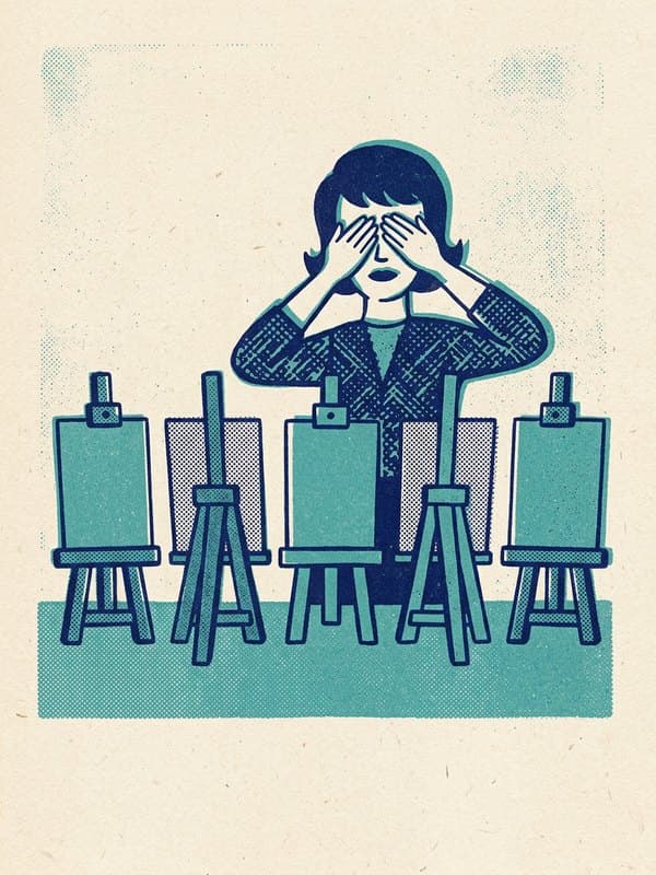 Riso drawing: a person covering their face behind a row of easels
