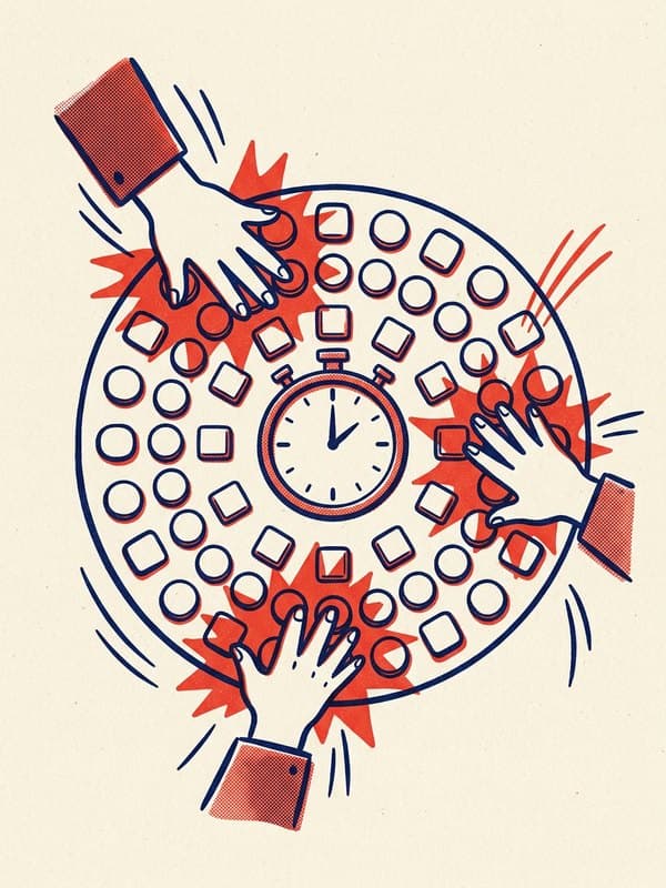 Riso drawing: hands reaching for a circular letter board and a timer