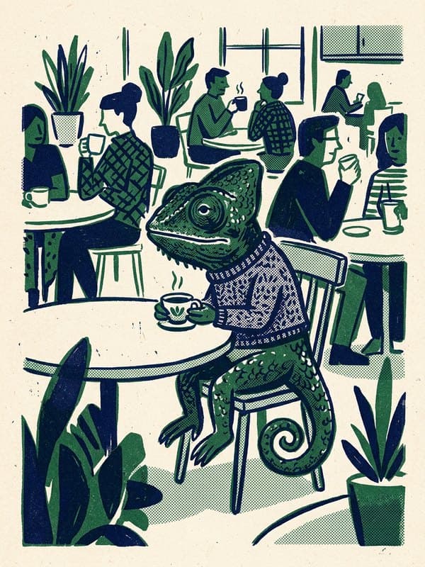 Riso drawing: a chameleon in a classroom full of students
