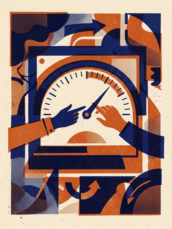 Riso drawing: hands pointing at a dial