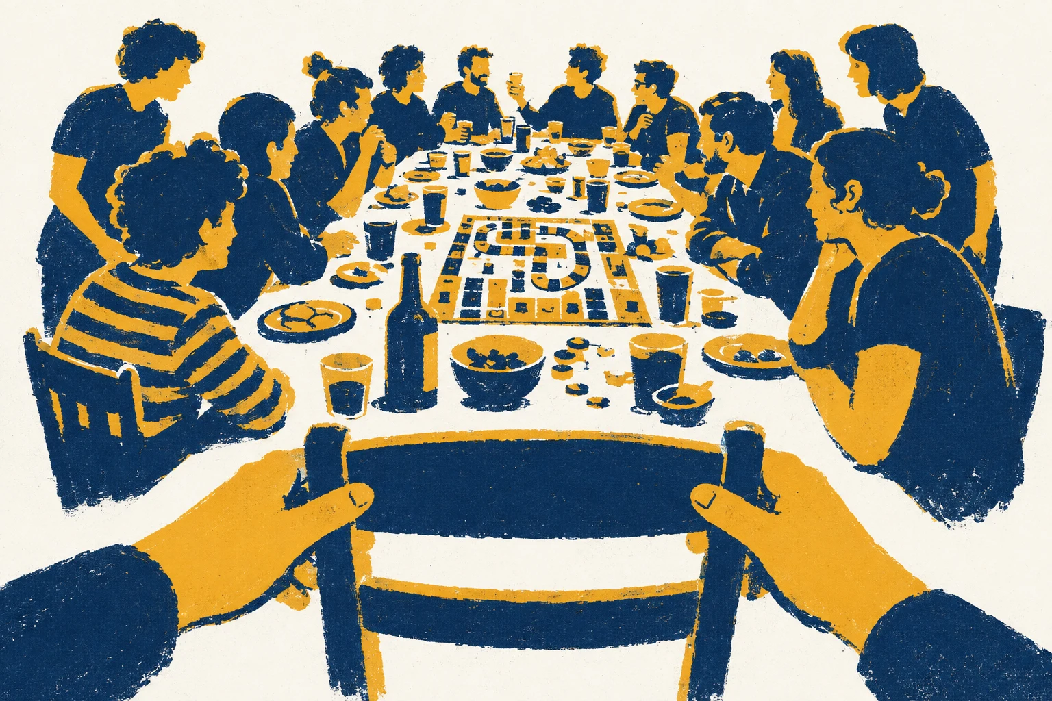 A screenprint seen over the shoulder of someone carrying a chair toward a long table already crowded with a dozen friends, a board game, plates and drinks.