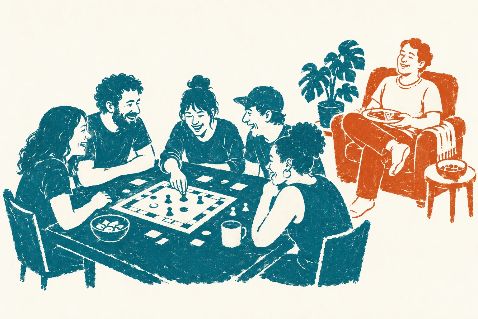 A screenprint of five friends laughing around a table over a board game, with a sixth person sitting apart in an armchair with a plate of food, watching happily.